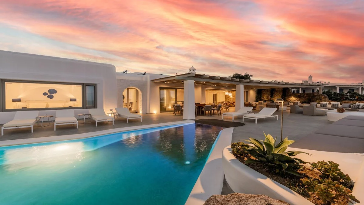 Villa terrace in Mykonos at sunset