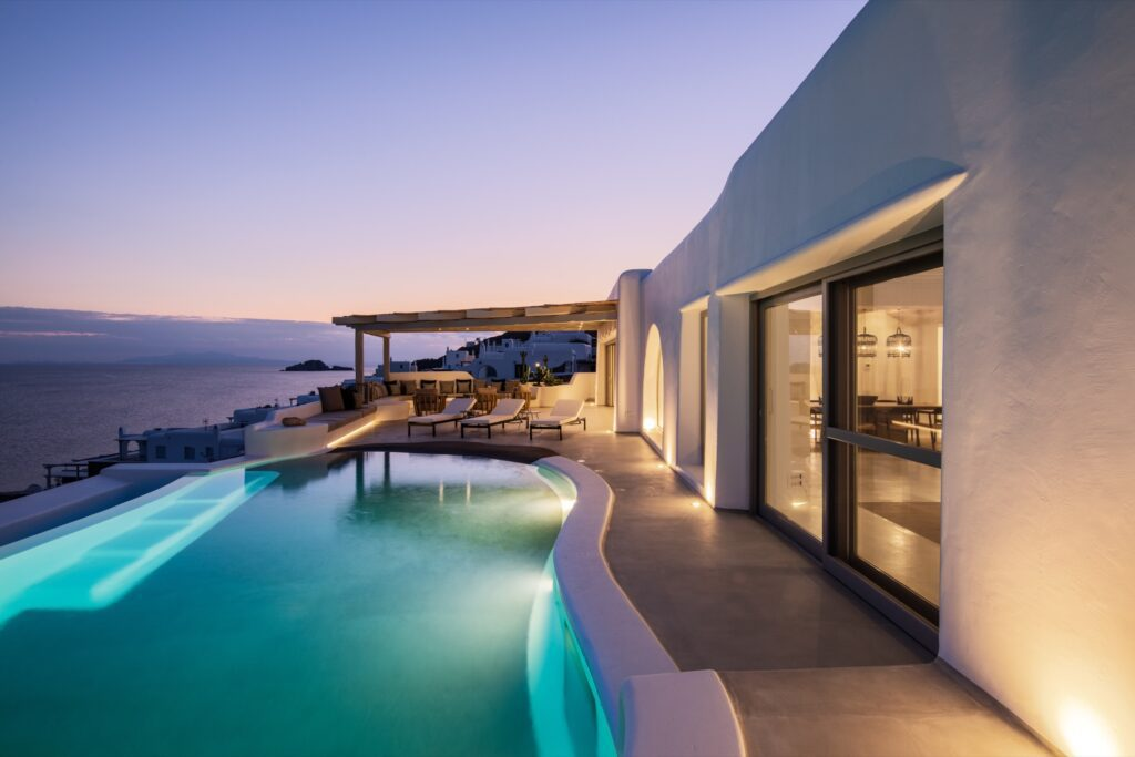 Aleomandra 1 — Pool terrace at dusk